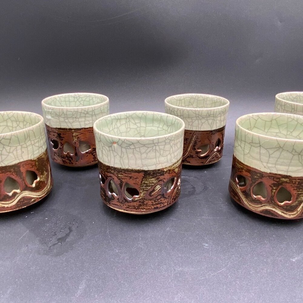 Vintage 6 Japanese Teacups Somayaki Soma Ware 2x3" Double Wall Horse